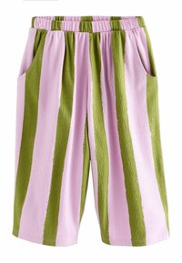 Stribede shorts med elastisk talje, der har skiftende lodrette grønne og pink striber, tekstureret stof og sidelommer.