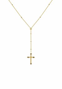 Collar de oro con una cadena texturizada y un colgante de cruz adornado con piedras preciosas negras en las puntas y a lo largo del brazo vertical.