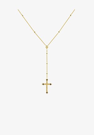 Collar de oro con una cadena texturizada y un colgante de cruz adornado con piedras preciosas negras en las puntas y a lo largo del brazo vertical.