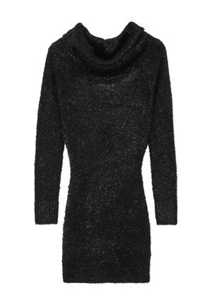 Schwarzes, langärmliges Kleid mit Kapuzenkragen aus weichem, strukturiertem Stoff mit funkelndem Finish und tailliertem Schnitt.