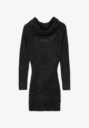 Schwarzes, langärmliges Kleid mit Kapuzenkragen aus weichem, strukturiertem Stoff mit funkelndem Finish und tailliertem Schnitt.