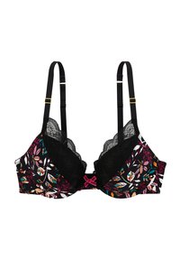Soutien-gorge noir à imprimé floral avec dentelle, bretelles réglables, accent de nœud rose au centre et motif de feuilles multicolores.