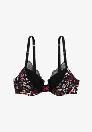 Soutien-gorge noir à imprimé floral avec dentelle, bretelles réglables, accent de nœud rose au centre et motif de feuilles multicolores.
