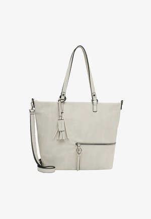 Lichtgrijze totebag van faux leer, voorzien van een bovenste rits, een voorzak met rits, en een afneembare schouderband met franjes.