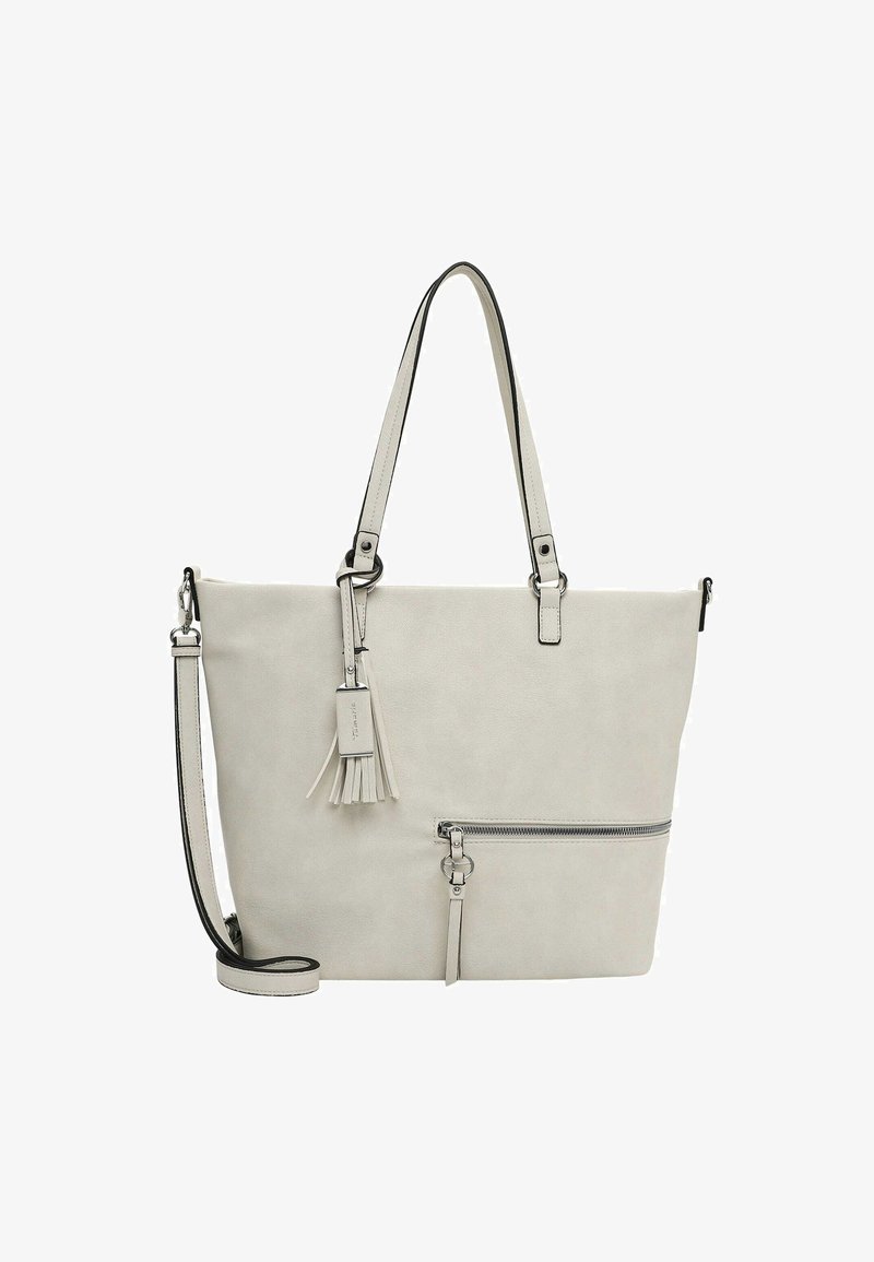 Lichtgrijze totebag van faux leer, voorzien van een bovenste rits, een voorzak met rits, en een afneembare schouderband met franjes.