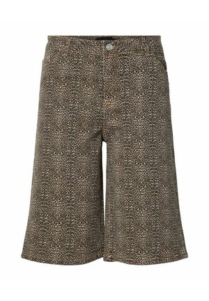 Rifľové kraťasy s hnedým a čiernym leopardím vzorom, zapínanie na gombíky vpredu a pútka na opasok, dĺžka po kolená.