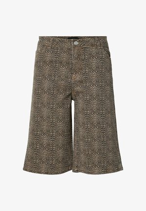 Brune og svarte denimshorts med leopardmønster, knappelukking foran og beltehemper, knelengde.