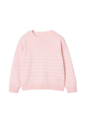 Hellrosa gestrickter Pullover mit langen Ärmeln, gerippten Bündchen und Saum, rundem Ausschnitt und dezenten horizontalen weißen Streifen.