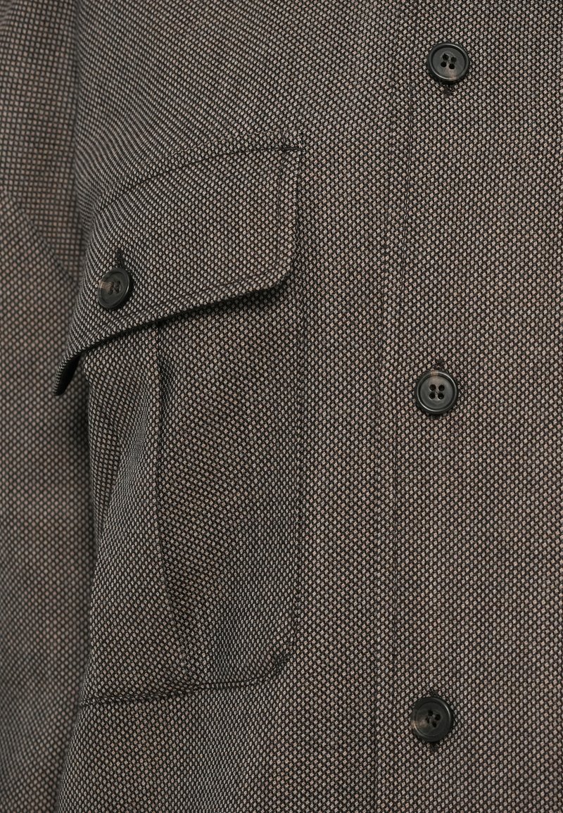 Gros plan sur une poche de veste en cuir brun texturé avec un rabat boutonné et trois boutons noirs visibles sur le devant.