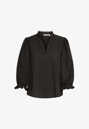 Melna, garām piedurknēm blūze ar teksturētu, ribotu audumu. Ar V-veida kakla izgriezumu, pūkainām piedurknēm un viļņotām aprocēm, kas ir papildinātas ar dekoratīvu izšuvumu.