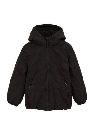Veste doudoune noire avec capuche, présentant des motifs de logo texturés, une fermeture éclair à l'avant et des poches latérales avec des zips décoratifs.