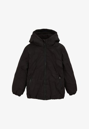 Melnas pūkainās virknes jaka ar kapuci, kurai ir teksturēti logo raksti, priekšējā rāvējslēdzēja aizdare un sānu kabatas ar rāvējslēdzēja akcentiem.