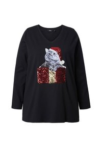 Ulla Popken KATZE, PAILLETTEN, A-LINIE, V-AUSSCHNITT, LANGARM - Langarmshirt - black