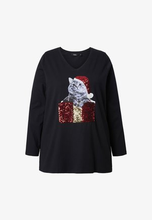 Ulla Popken KATZE, PAILLETTEN, A-LINIE, V-AUSSCHNITT, LANGARM - Longsleeve - black