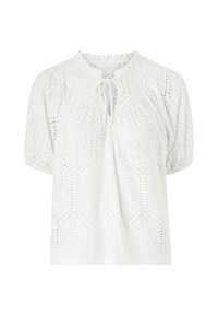 Blouse blanche à manches courtes avec motif en dentelle brodée, col volanté, empiècement froncé et détail de lien à l'encolure.