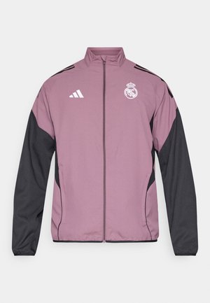 Giacca con zip rosa e nera con collo alto, presenta accenti di logo bianchi, tessuto leggero e tasche laterali.