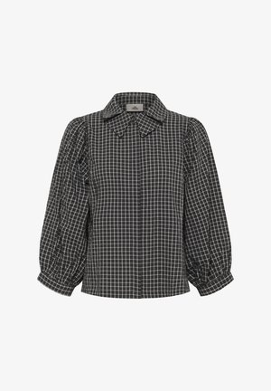 Bluza în carouri alb-negru, cu guler ascuțit, mâneci bufante și închidere cu nasturi, confecționată din material ușor.