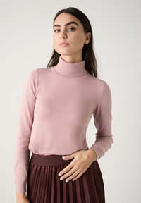 Helle rosa Rollkragensweater aus weichem Stoff, figurbetonte Silhouette, lange Ärmel, kombiniert mit einem dunklen, plissierten Rock und geripptem Taillenbund.
