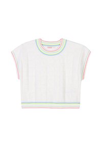 Maglione corto bianco in tessuto lavorato a maglia con motivi a cuore, caratterizzato da dettagli a coste multicolori attorno al collo e all'orlo.