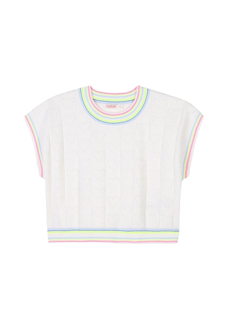Maglione corto bianco in tessuto lavorato a maglia con motivi a cuore, caratterizzato da dettagli a coste multicolori attorno al collo e all'orlo.