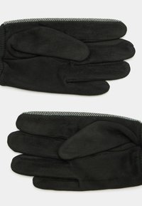 Czarne rękawice wykonane z miękkiego, teksturowanego materiału z szarym wykończeniem. Posiadają pięć palców i dopasowany mankiet na nadgarstek.