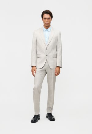 Άνδρας που στέκεται, φορώντας ανοιχτό γκρι κοστούμι με σχέδιο καρό, ανοιχτό μπλε πουκάμισο και μαύρα επίσημα παπούτσια, μπροστά σε ένα απλό λευκό φόντο.