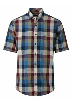 Koszula z krótkim rękawem zapinana na guziki z wielokolorowym dużym wzorem w kratę w odcieniach niebieskiego, bordowego, szarego, beżowego i białego.