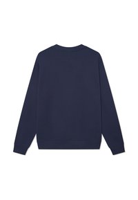 Marineblå genser med rund hals og ribbestrikkede mansjetter. Myk stoffkvalitet med en jevn tekstur. Minimalistisk design; ingen synlige logoer eller mønstre.