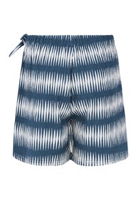 Shorts à motifs bleu et blanc avec un design en zigzag, taille élastique et fermeture à lien sur le côté gauche. Texture de tissu douce.
