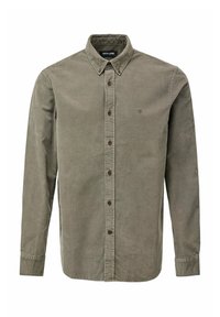 Camisa de manga larga color verde oliva hecha de algodón, con cuello abotonado, botones en la parte delantera y un pequeño logo bordado en el pecho.