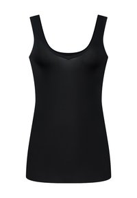 Zwarte tanktop met een ronde halslijn, gemaakt van een gladde stof. Heeft brede banden en een getailleerde pasvorm voor comfort.