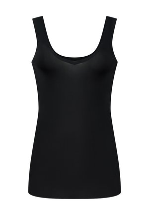 Zwarte tanktop met een ronde halslijn, gemaakt van een gladde stof. Heeft brede banden en een getailleerde pasvorm voor comfort.