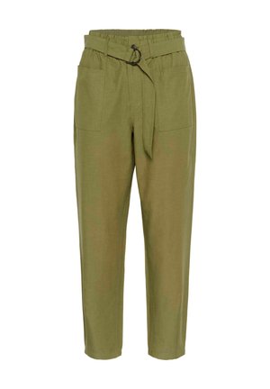 Olive green high-waist pants with a fabric belt, two front patch pockets, and tapered legs.