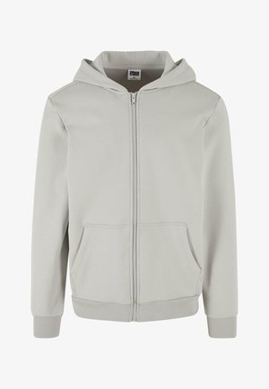 Light gray zip-up hoodie featuring a hood, two front pockets, ribbed cuffs, and a textured fabric finish. Simple design without embellishments.