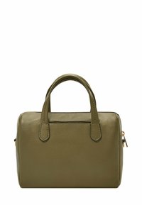 Sac à main en cuir vert olive avec une surface texturée, de courtes poignées et une fermeture éclair. Il dispose de quincaillerie en ton or et d'un design carré.