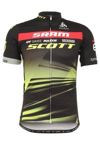 Cyklistický dres s krátkým rukávem v černé barvě s žlutými a červenými akcenty. Obsahuje plný zip, síťovinu a loga sponzorů. Lehce materiál.