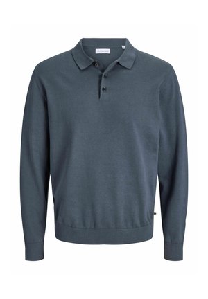 Polo manches longues bleu foncé avec col et trois boutons, poignets et ourlet côtelés, présenté sur fond blanc.