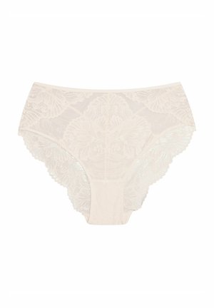 Beige lace hipster briefs featuring a floral pattern, scalloped edges, and smooth lining. The texture is soft with intricate detailing.