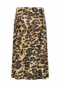 Leopardmønstret nederdel med en tætsiddende og figursyet design, prydet med nuancer af brunt og sort, lavet af et glat stof med en svævende silhuet.