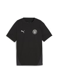 Melna sporta T-krekla, kas izgatavots no elpojoša auduma, ar īsām piedurknēm, apaļu kakla izgriezumu un Manchester City logo baltā krāsā.