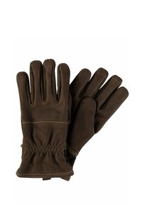 Braune Lederhandschuhe mit passgenauem Design, elastischem Handgelenk und glatter Textur, verziert mit subtilen Nähdetails am Bund.