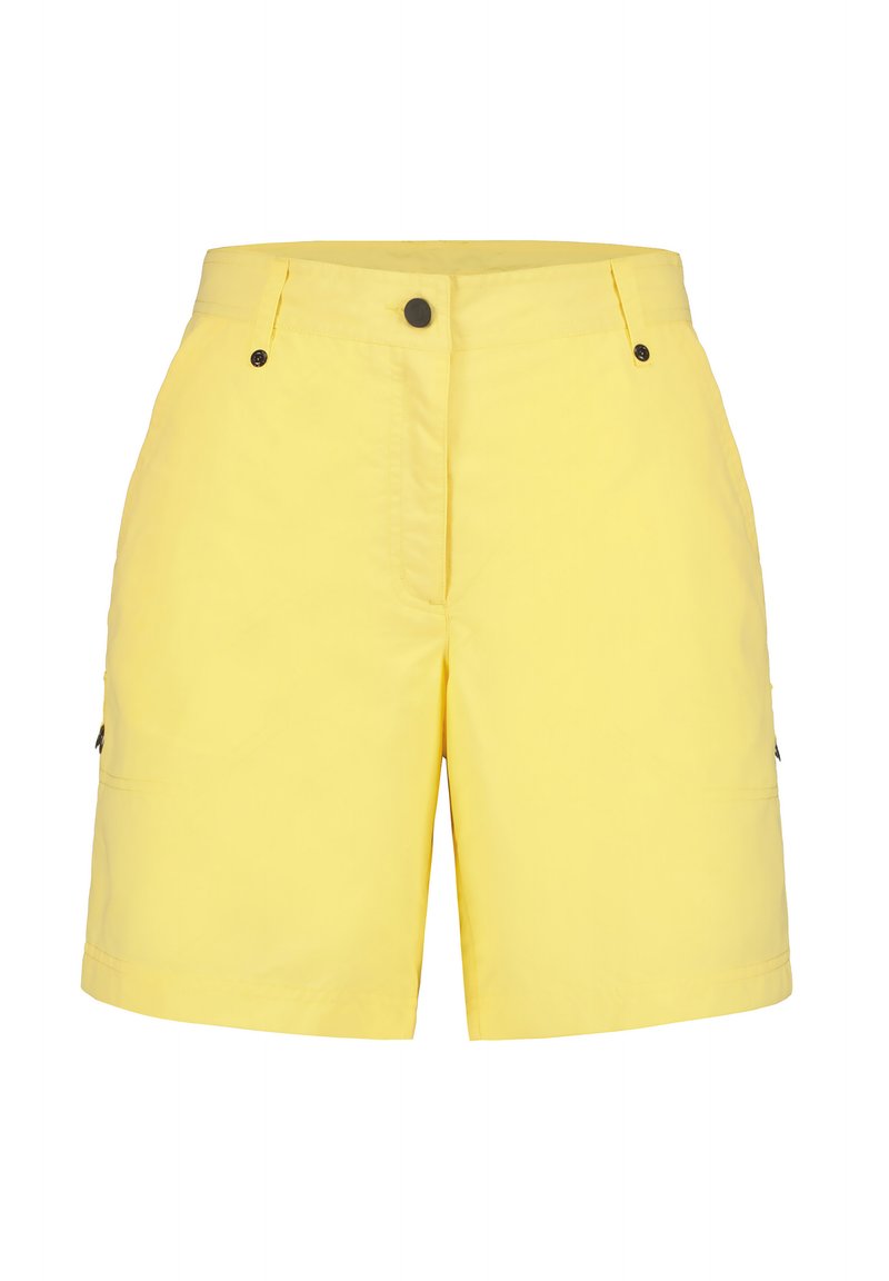 Gula shorts i lättviktigt material, med två framfickor, dragkedja med knapplås och sidofickor för cargo.