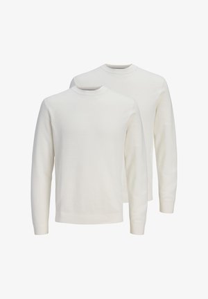 Due maglioni bianchi a manica lunga con scollo rotondo e una sottile trama a maglia, mostrati frontalmente e sovrapposti su uno sfondo bianco.