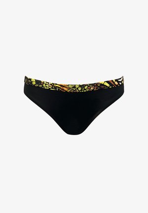 Czarny dół bikini z multikolorowym pasa, który ma akcenty zielone, żółte i pomarańczowe, wykonany z gładkiego, elastycznego materiału.