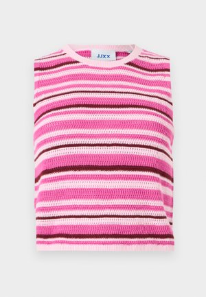 Αμάνικη πλεκτή μπλούζα με οριζόντιες ρίγες σε ροζ, ανοιχτό ροζ και καφέ χρώμα, με στρογγυλή λαιμόκοψη και ετικέτα JJXX στο εσωτερικό.