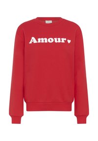 Sweat-shirt rouge à manches longues avec col rond, affichant le mot "Amour" et un petit cœur en texte blanc sur la poitrine.