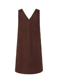 Robe en daim marron sans manches avec un col en V et une coupe droite, tombant au-dessus du genou.