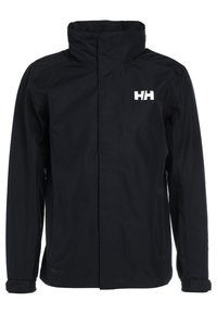 Veste imperméable noire Helly Hansen avec col montant, manches longues, fermeture éclair frontale recouverte d'un rabat, et logo HH blanc sur la poitrine.