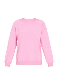 Felpa rosa con scollo a girocollo e maniche lunghe, decorata con applicazioni a forma di perla sparse per texture e dettagli.