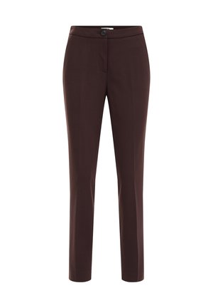 Donkerbruine, op maat gemaakte, rechte broek met een knoop- en ritssluiting aan de voorkant, ontworpen voor formele of kantoor kleding.
